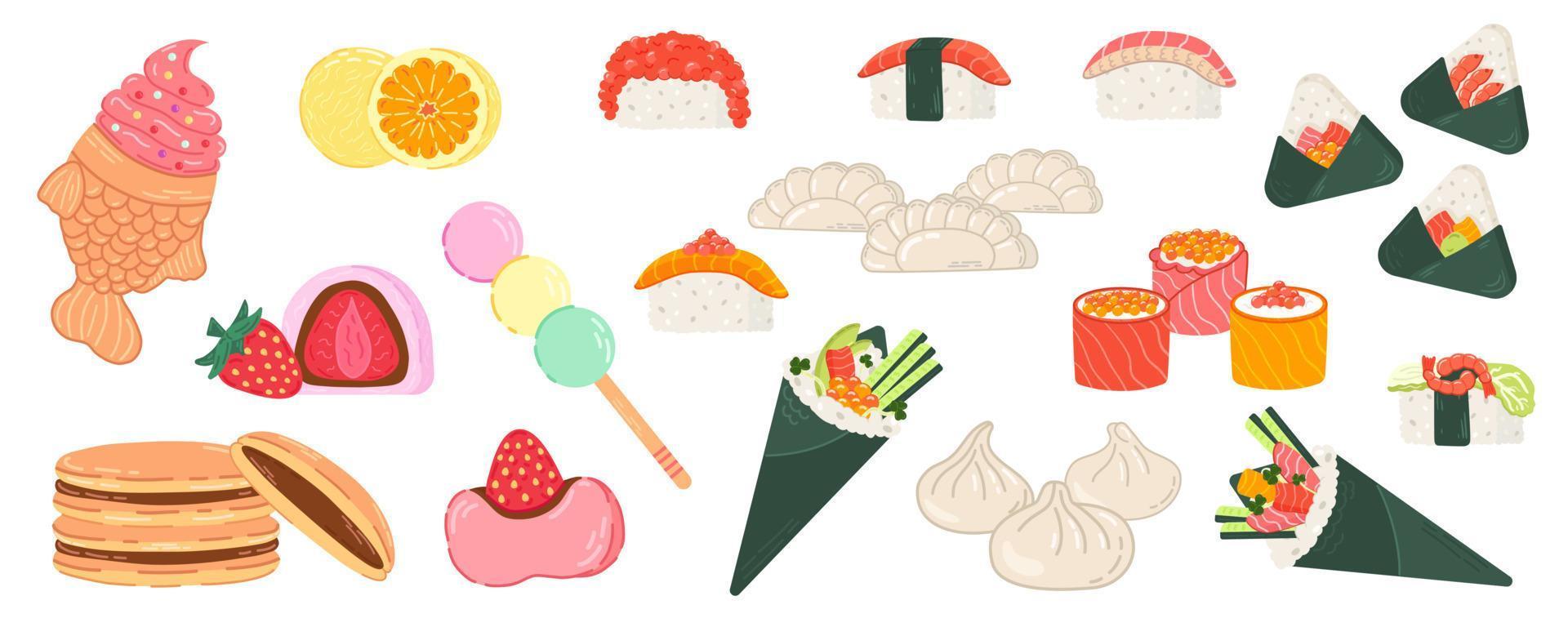 groß einstellen von japanisch Lebensmittel. Hand gezeichnet anders japanisch Geschirr zum Speisekarte, Aufkleber, Banner. vektor