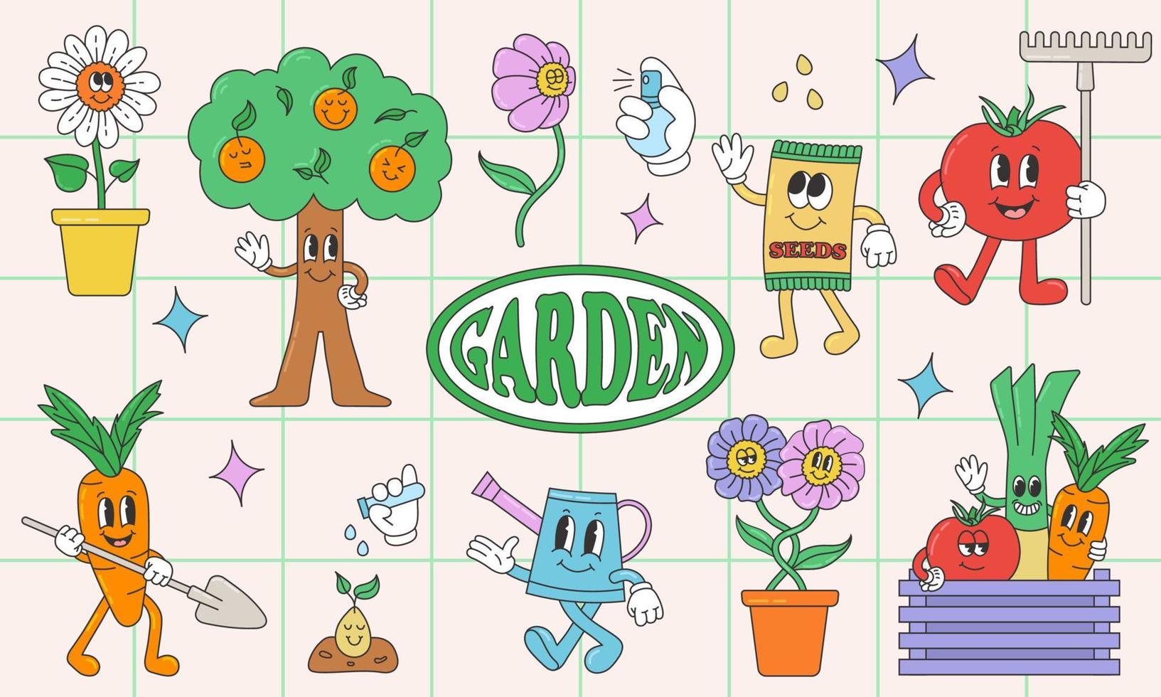 Frühling Gartenarbeit Sammlung. modisch retro Karikatur Stil Abbildungen von Blumen und komisch süß Pflanze. Jahrgang Charakter Vektor Kunst Elemente.