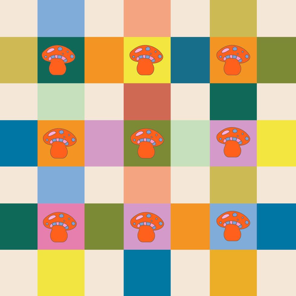 Muster, Hintergrund mit farbig Quadrate und Pilze im psychedelisch Hippie Stil. vektor
