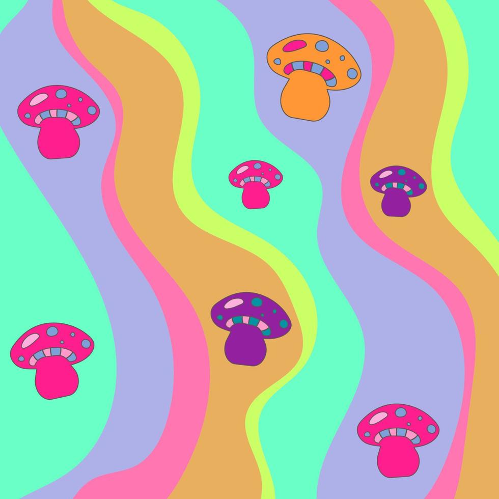 Muster, Hintergrund mit farbig Wellen und Pilze im psychedelisch Hippie Stil. vektor