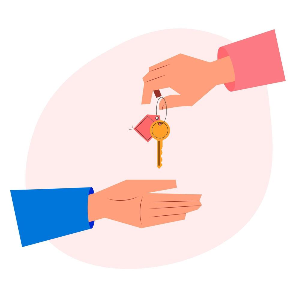 Vektor männlich Hand halten Schlüssel Mann gibt Schlüssel zu das Haus eben Stil Karikatur Vektor Illustration