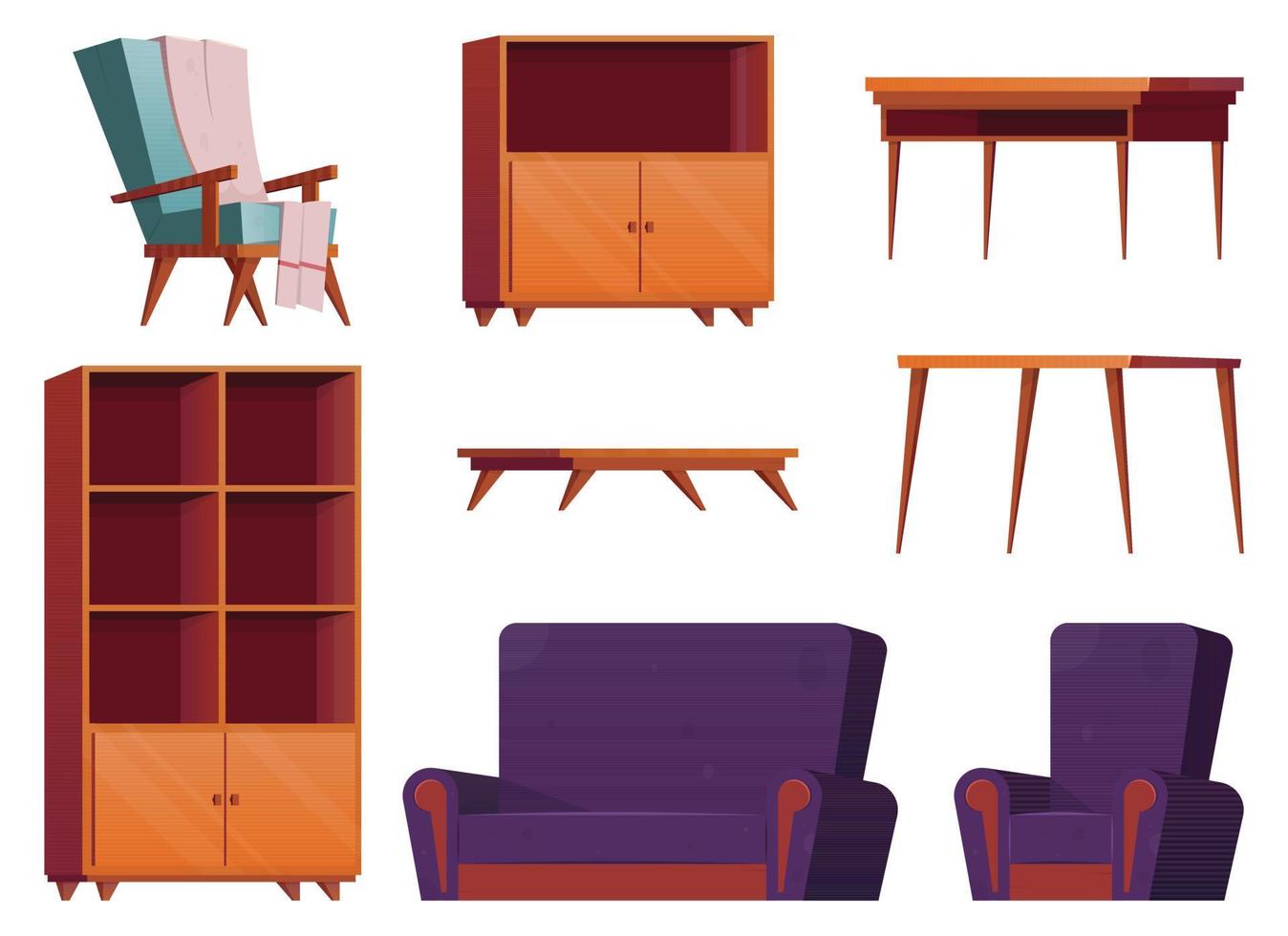 Möbel Artikel im Karikatur Stil. Sammlung von hölzern Kleiderschrank, Stuhl, Tisch, Schreibtisch und Sessel Vektor Illustration isoliert auf Weiß