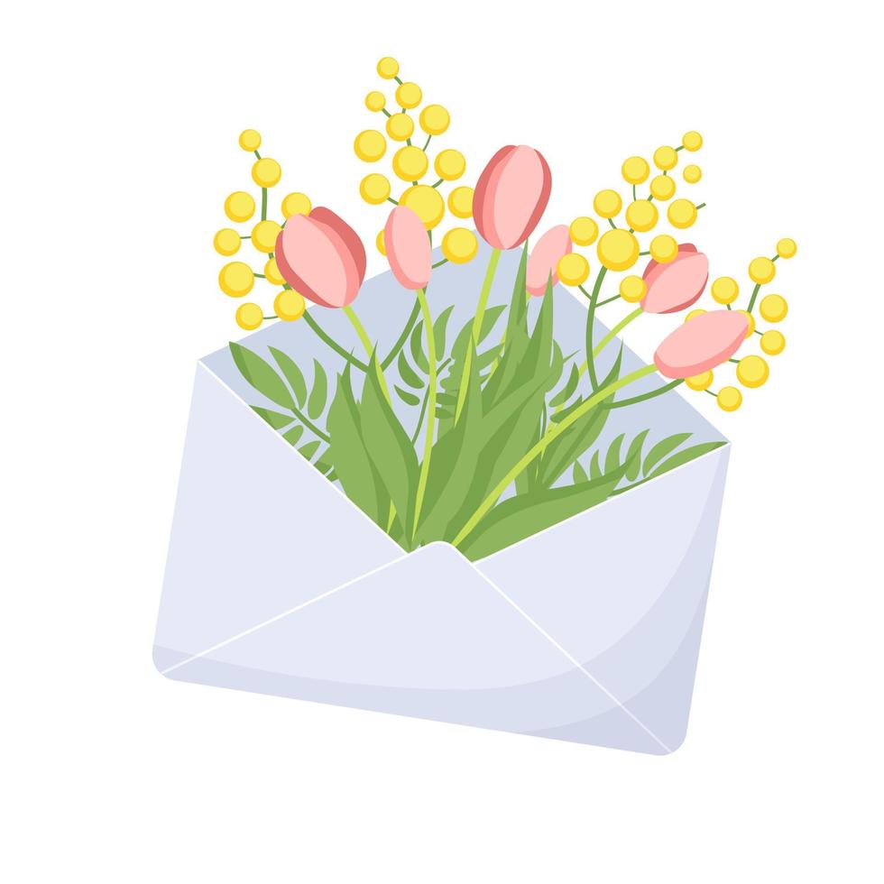 Frühling Illustration mit Blumen im ein Umschlag. Tulpen und Mimose. eben Stil. vektor