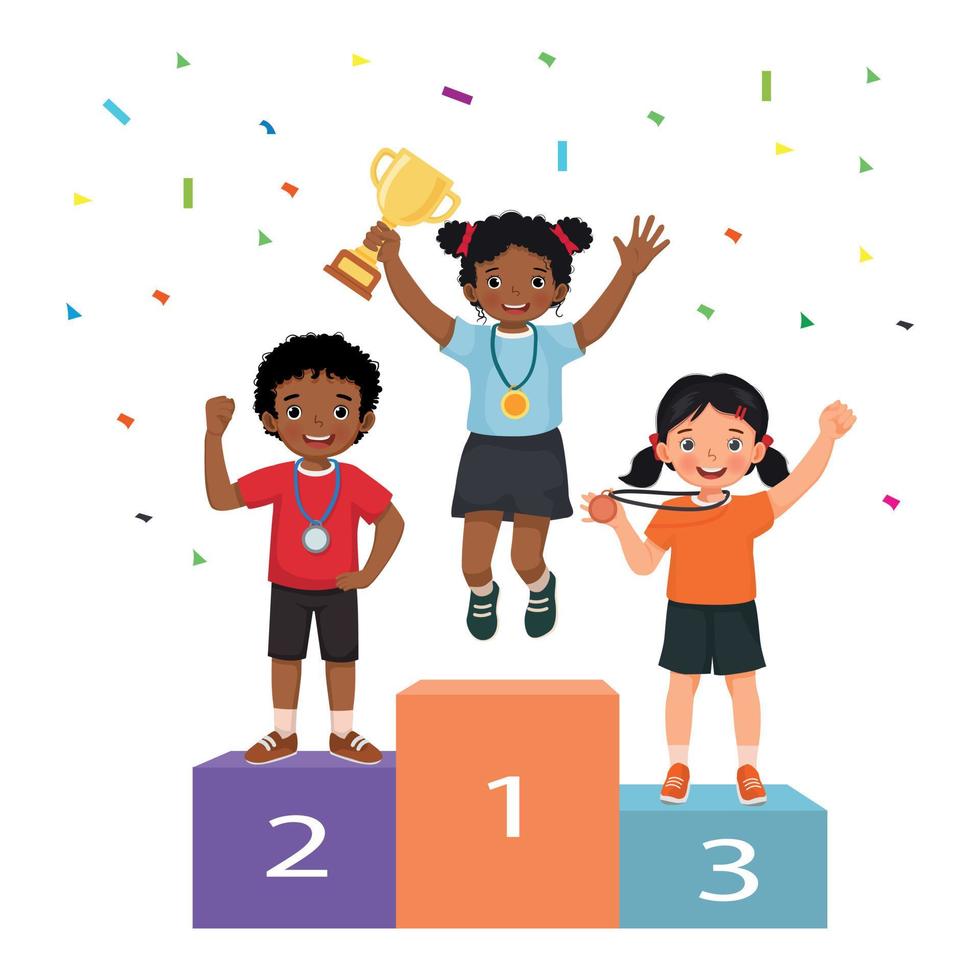 mångkulturell barn med medaljer innehav guld kopp trofén stående på vinnare podium eller piedestal med först, andra och tredje plats pris- fira vinnande konkurrens vektor