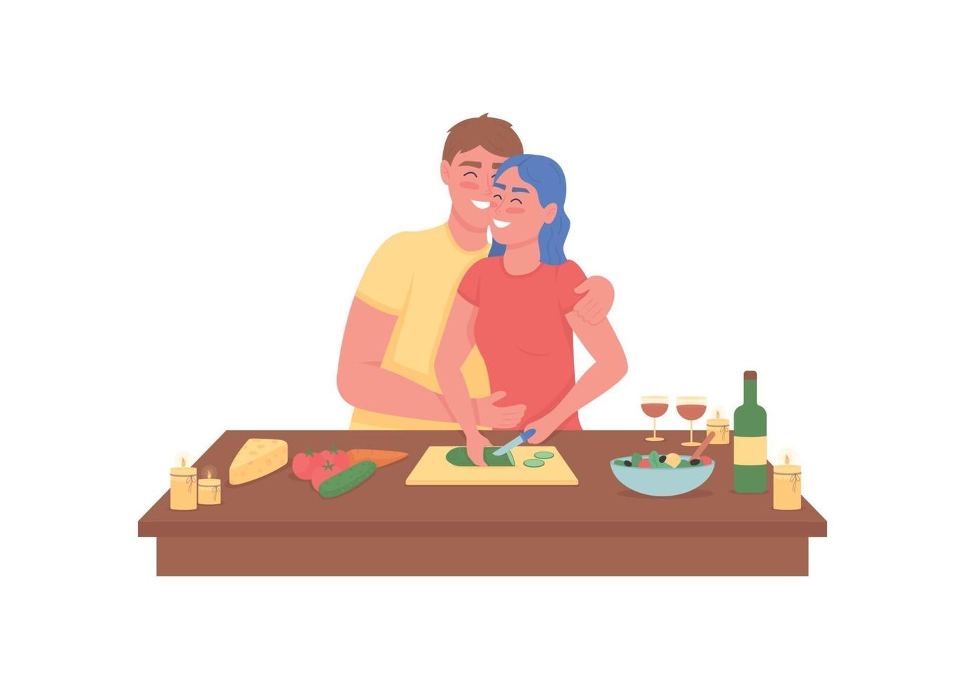 lyckliga par matlagning romantisk middag platt färg vektor detaljerade tecken