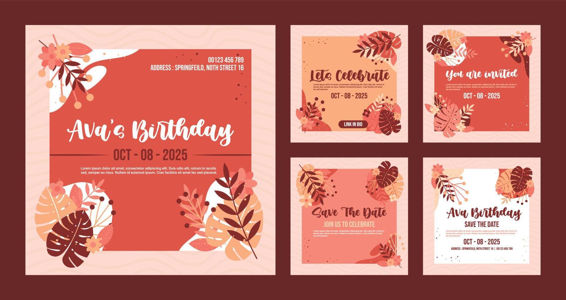 blommig inlägg samling för födelsedag firande. Lycklig födelsedag hälsning kort och fest inbjudan social media mallar, vektor illustration.