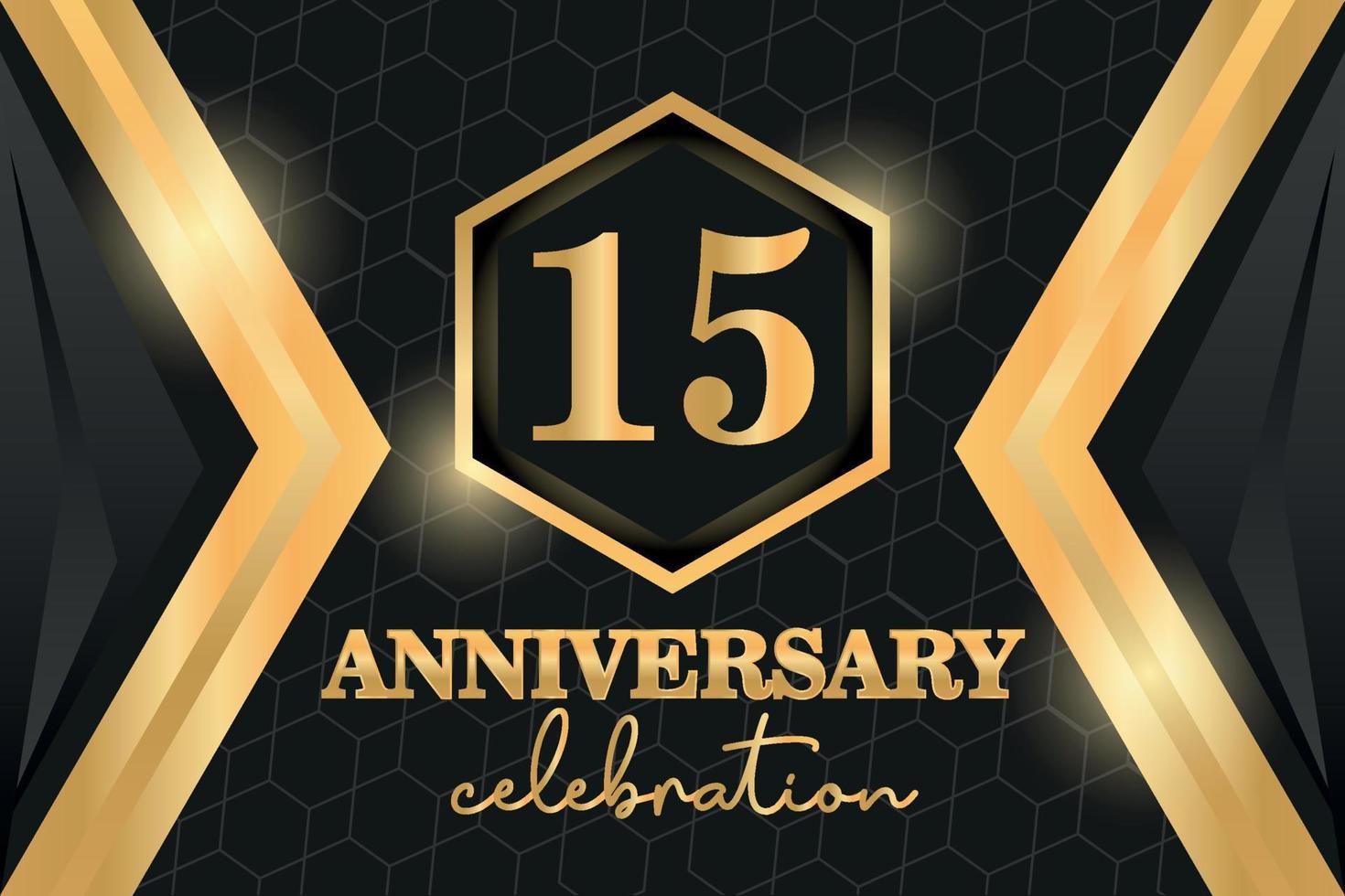 15 Jahre Jahrestag Logo golden farbig Vektor Design auf schwarz Hintergrund Vorlage zum Gruß
