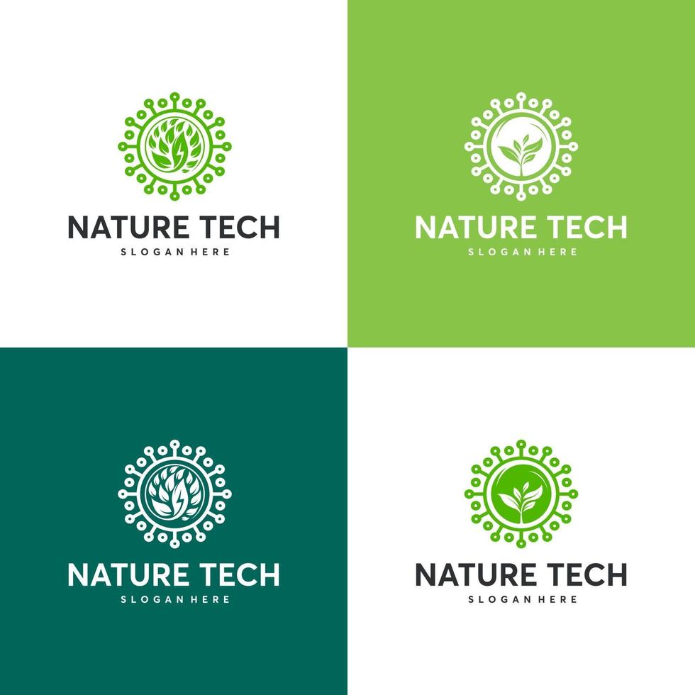 Satz von Natur-Tech-Logo-Vorlage, grünes Technologie-Logo-Konzept, Wachstumstechnologie, Tech-Baum-Logo-Symbol vektor