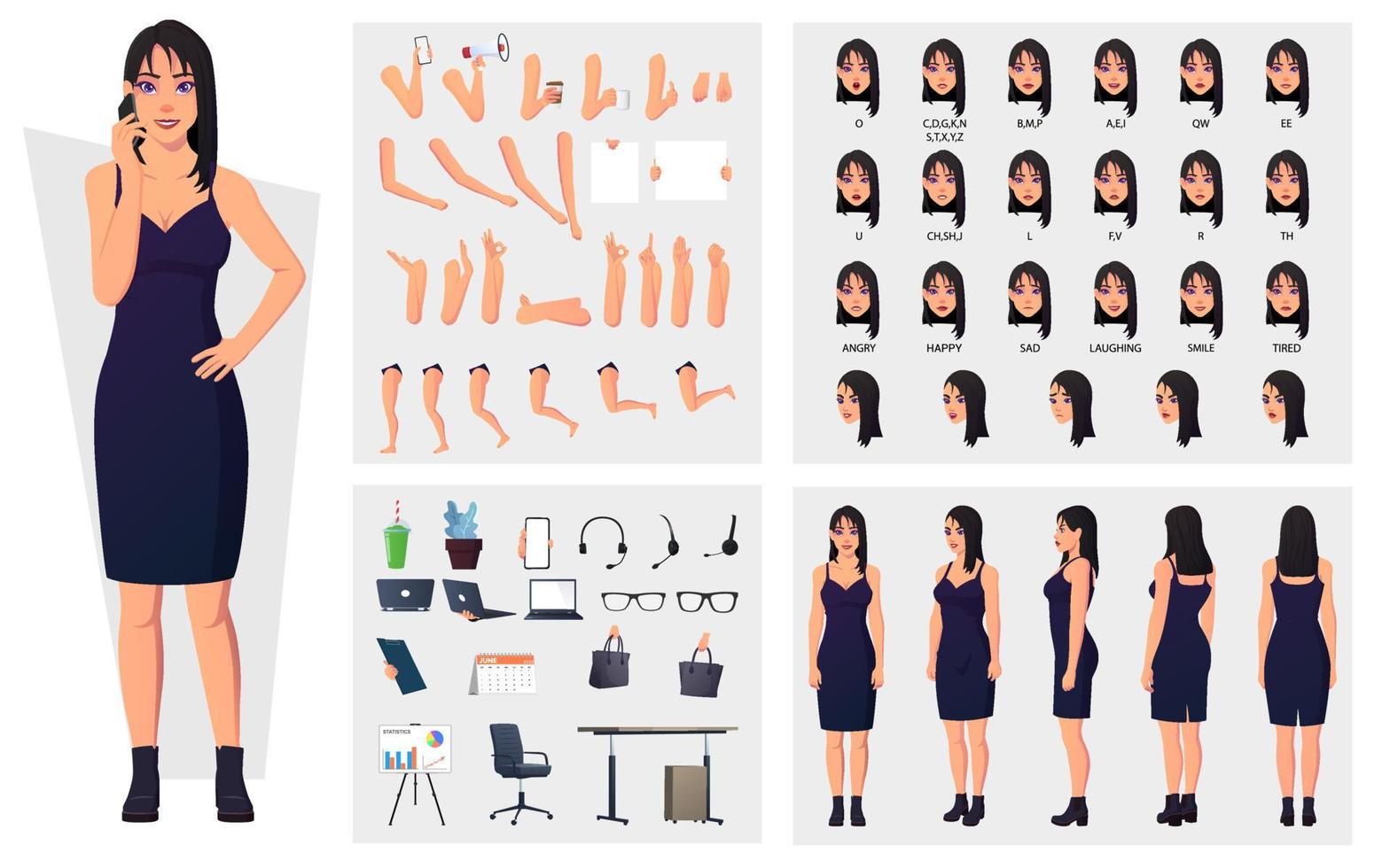 Geschäft Frau Charakter Konstruktion Pack, Mädchen tragen beiläufig Kleid Charakter einstellen mit Wende um Pose, Gesten, Emotionen und Lippe synchronisieren. vektor