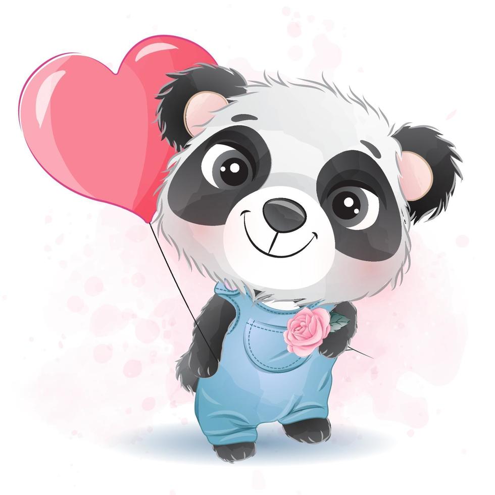 söt liten panda med akvarellillustration vektor