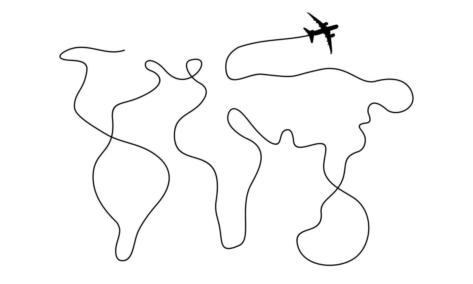 oben Aussicht Flugzeug Silhouette mit Welt Karte im Single Linie Straße gestalten hinter. Flugzeug Reise Konzept. isoliert auf Weiß Hintergrund. minimalistisch Vektor Illustration.