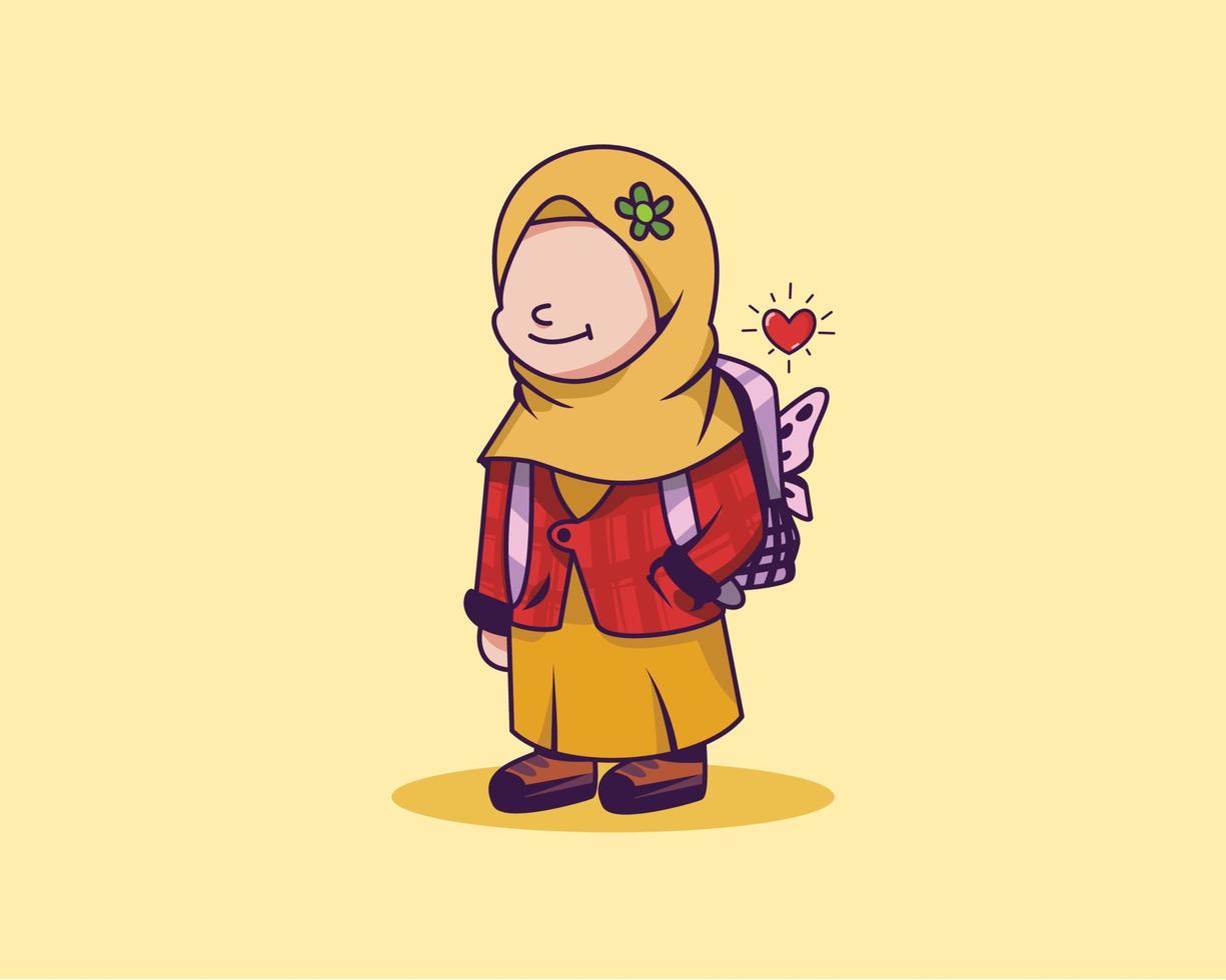 söt chibi flicka med hijab och ryggsäck vektor