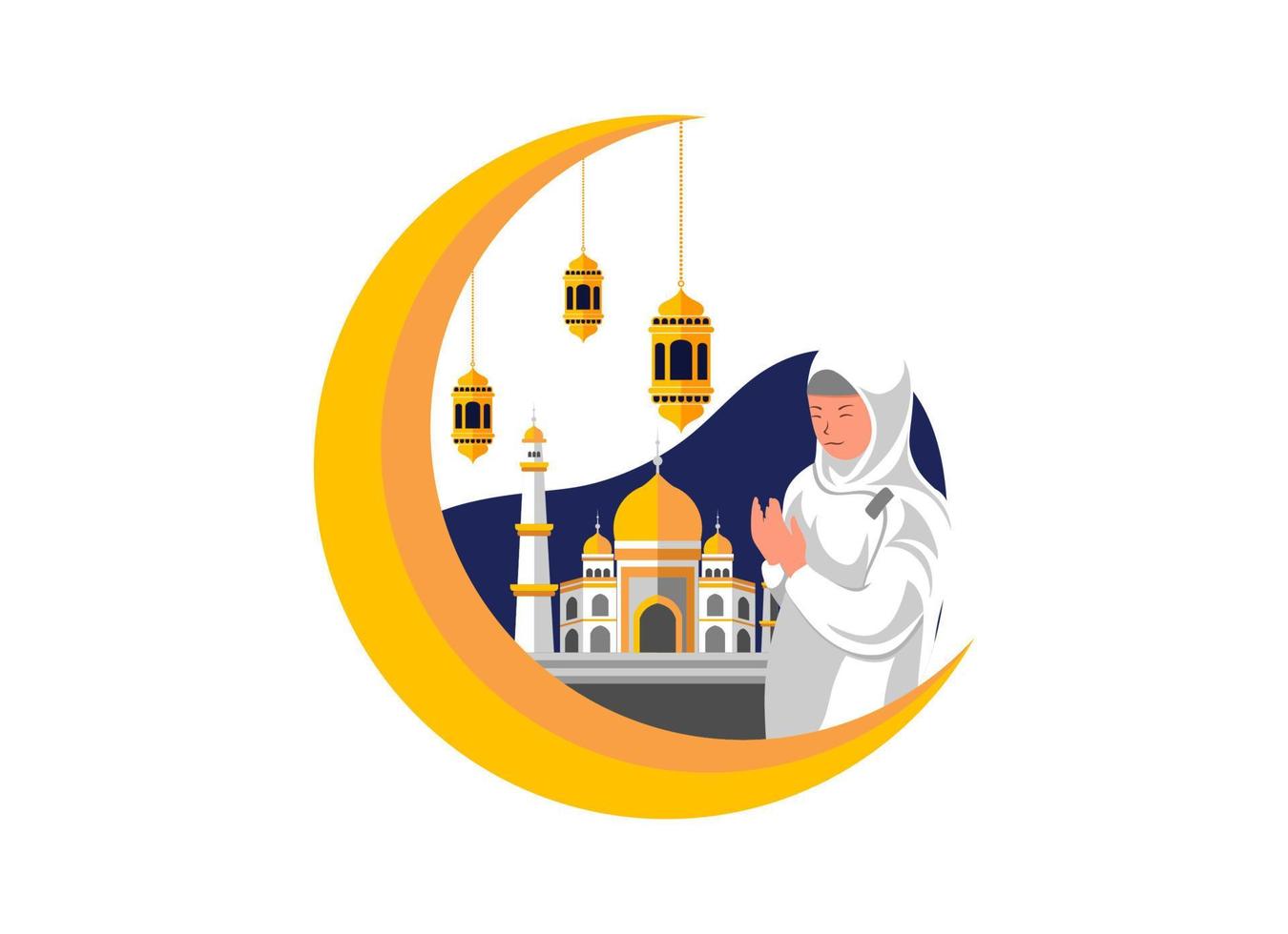 eben Design Illustration von ein Mädchen beten mit Moschee und Halbmond Mond Elemente vektor