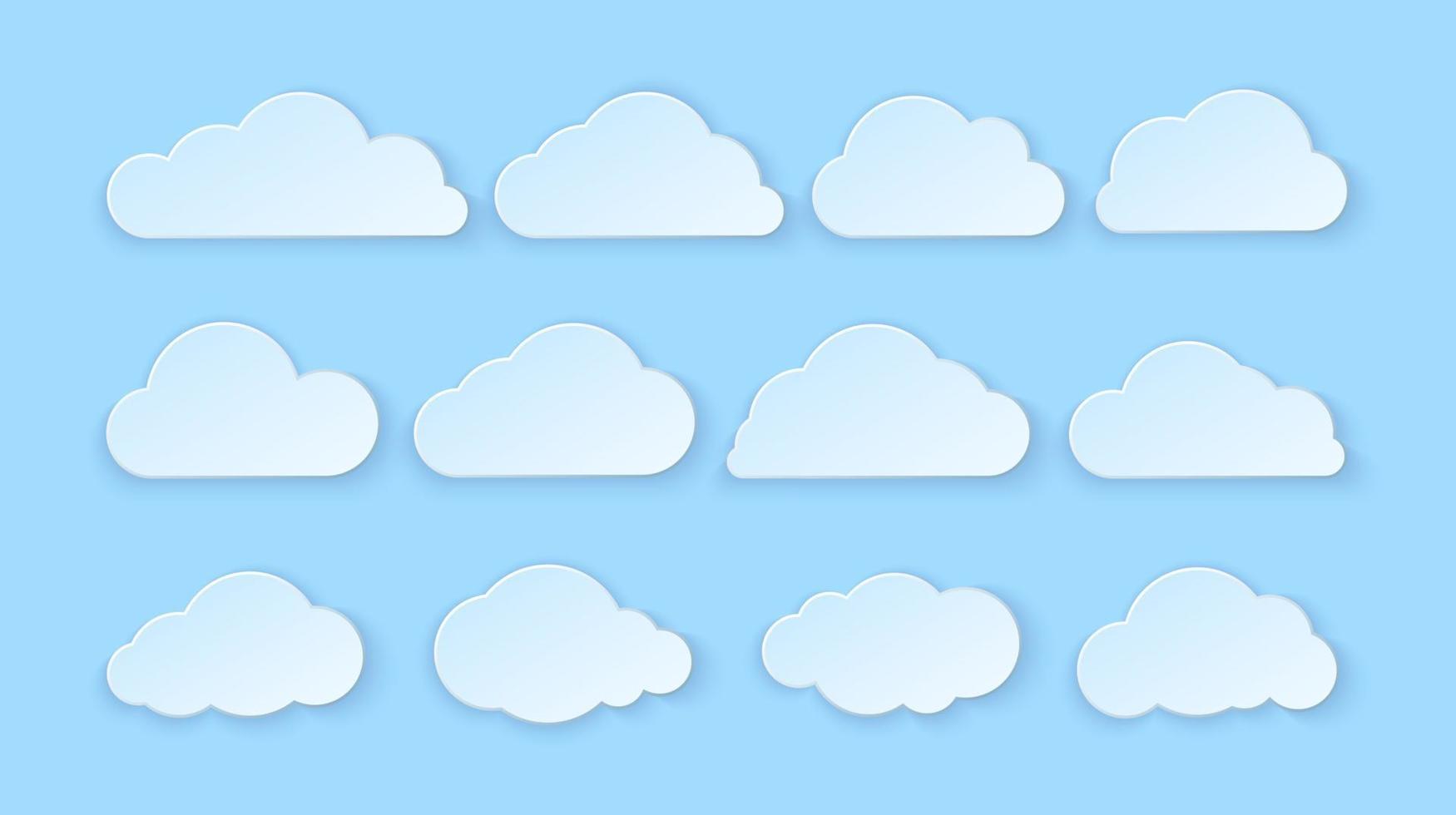 abstrakt Papier Wolken Satz. Papier Wolken auf Blau Hintergrund. Vektor Illustration