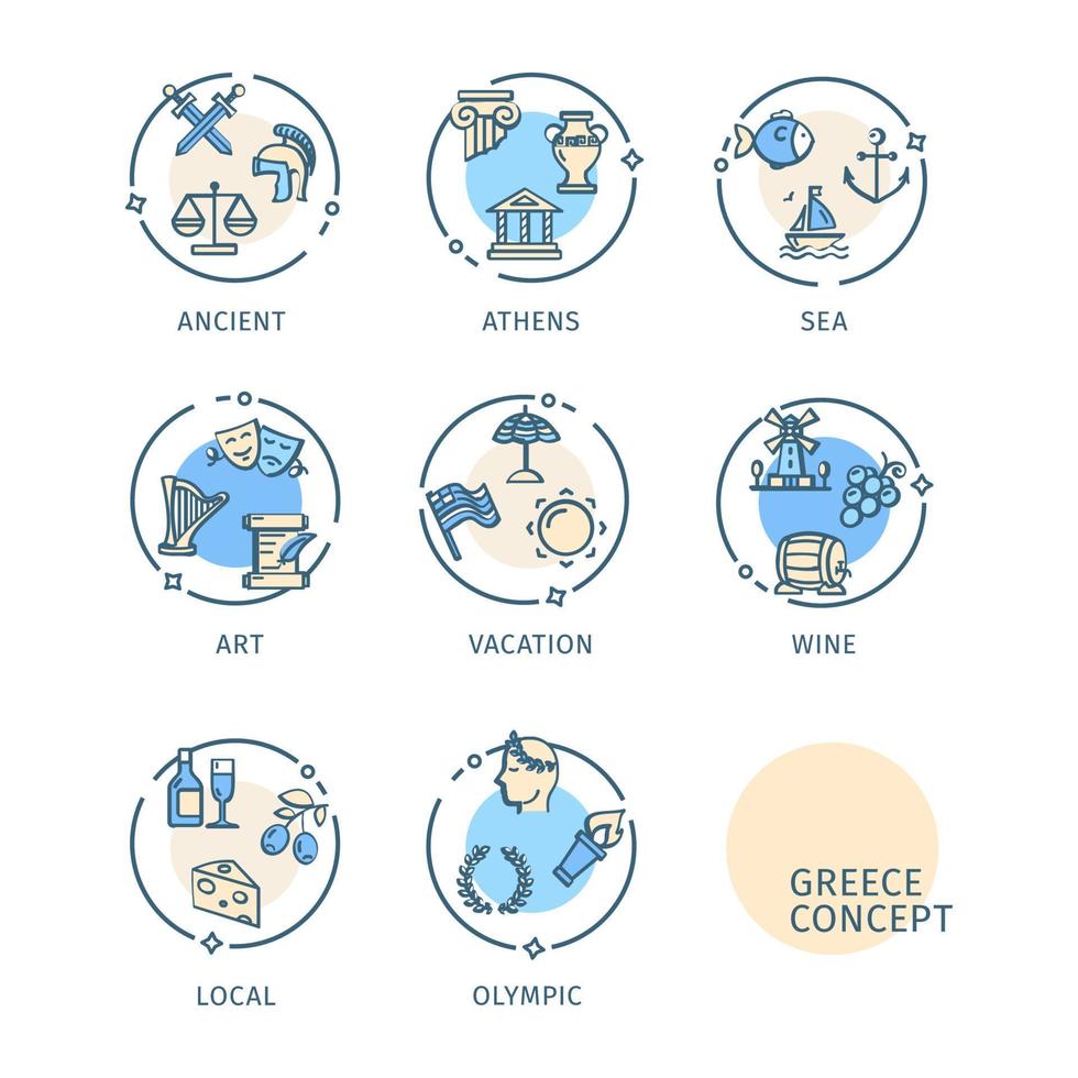 Griechenland Reise und Tourismus Konzept dünn Linie Symbole Etiketten Satz. Vektor
