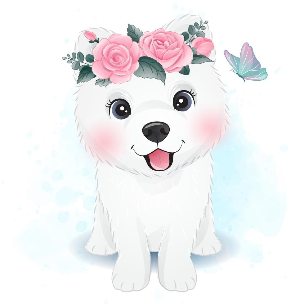 söt liten samoyed med blommig illustration vektor