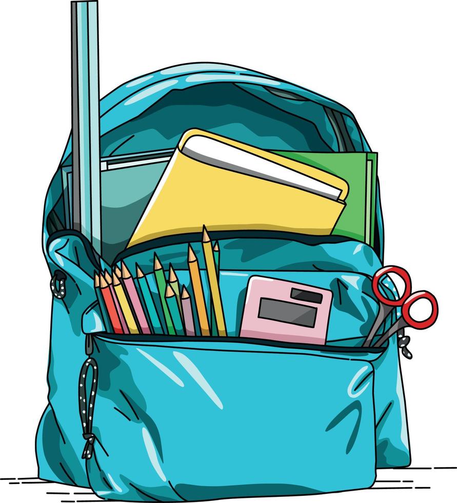 blå skola väska med färgad pennor och kalkylator inuti vektor