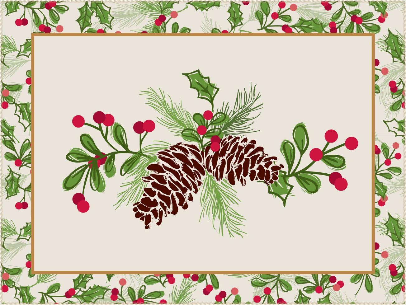 Weihnachten Stechpalme Blätter, Mistel, Kiefer Kegel und Beeren. Weihnachten Tabelle Tischset Design- Weihnachten Vektor Design