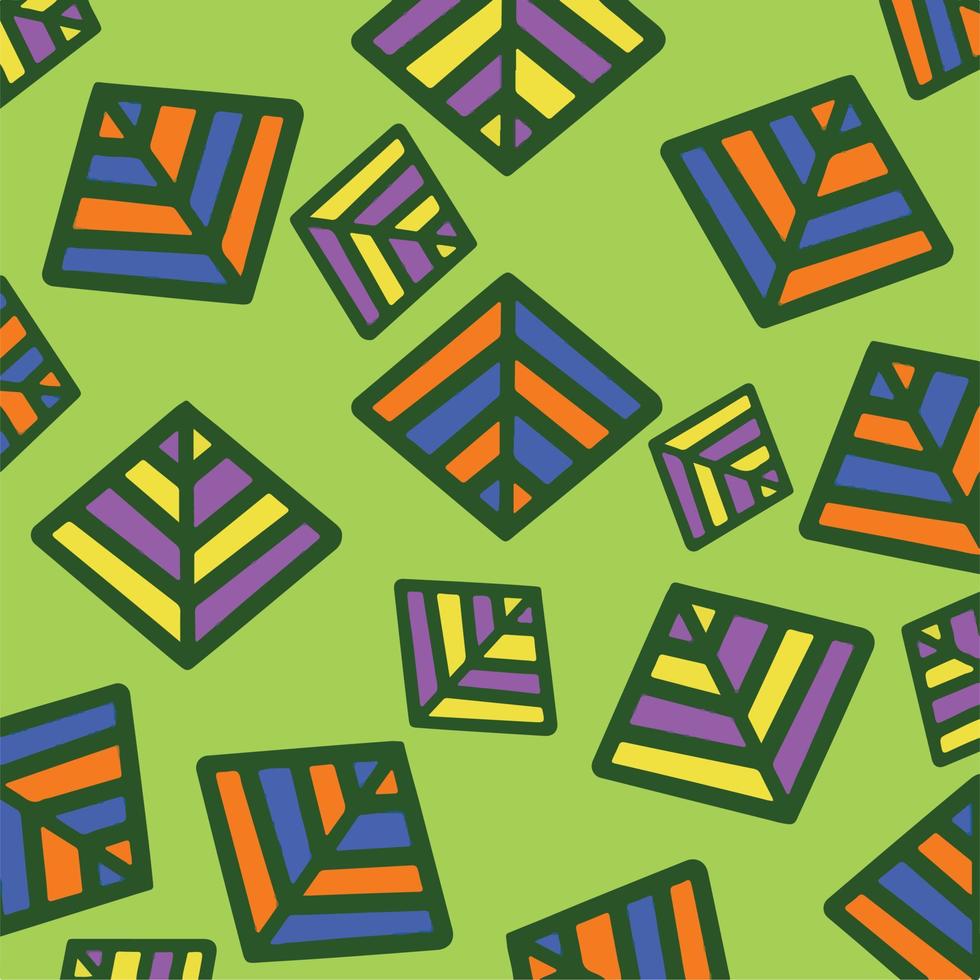 vektor bakgrund med kontrast komplementär färger Inklusive grön, blå, orange, lila, och gul. geometrisk enkel platt djärv konst stil pyramid dekorativ mönster isolerat på fyrkant mall.