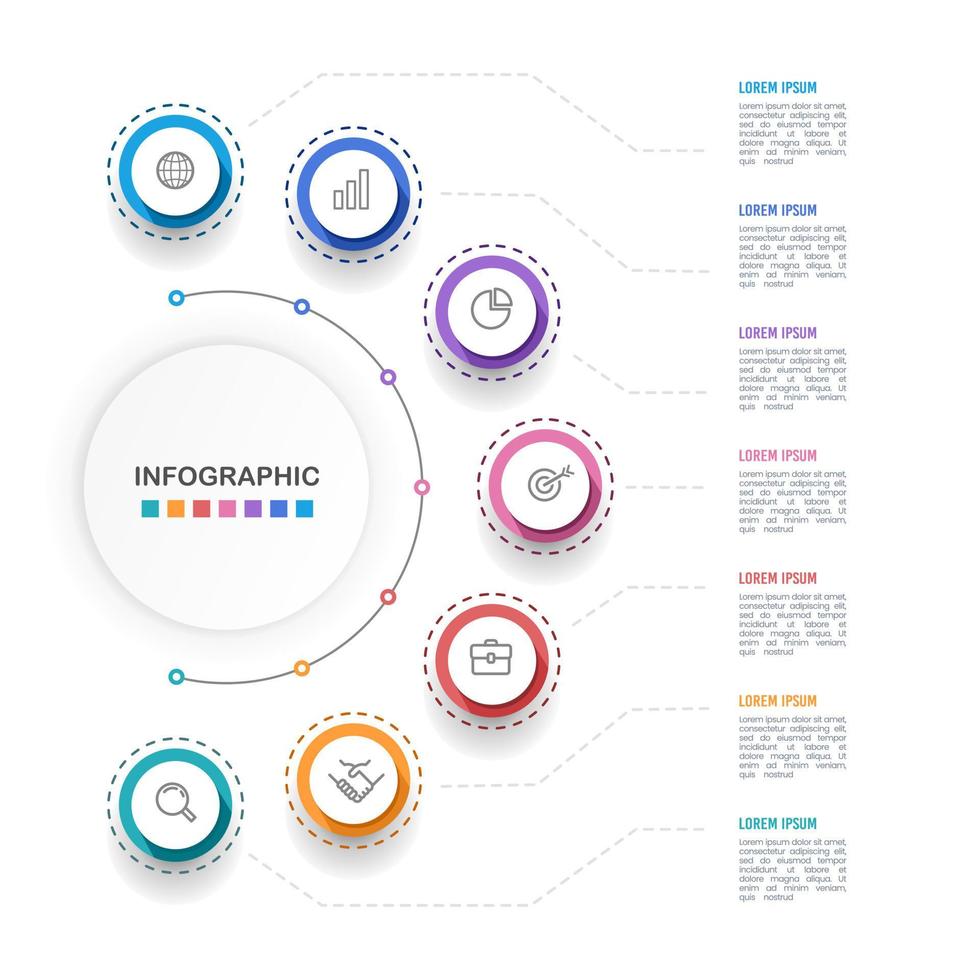 Infografik Halbkreis 7 Prozesse zu Erfolg. Infografik Organisation. Vektor Illustration.