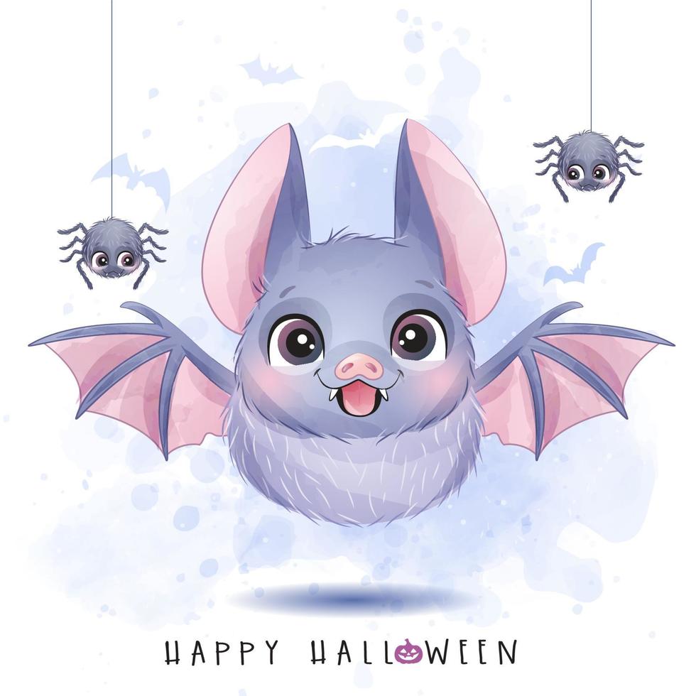 söt liten fladdermus och spindel för halloween dag med akvarellillustration vektor