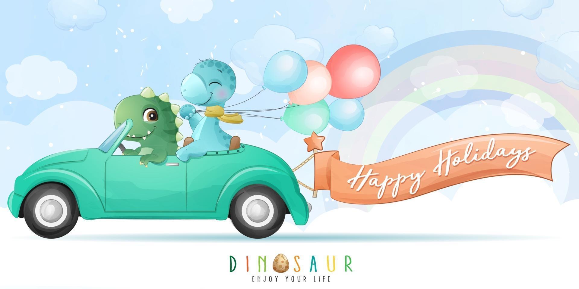 niedlicher Dinosaurier, der ein Auto mit Aquarellillustration fährt vektor