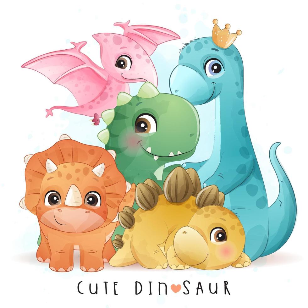söt dinosaurie med akvarellillustration vektor