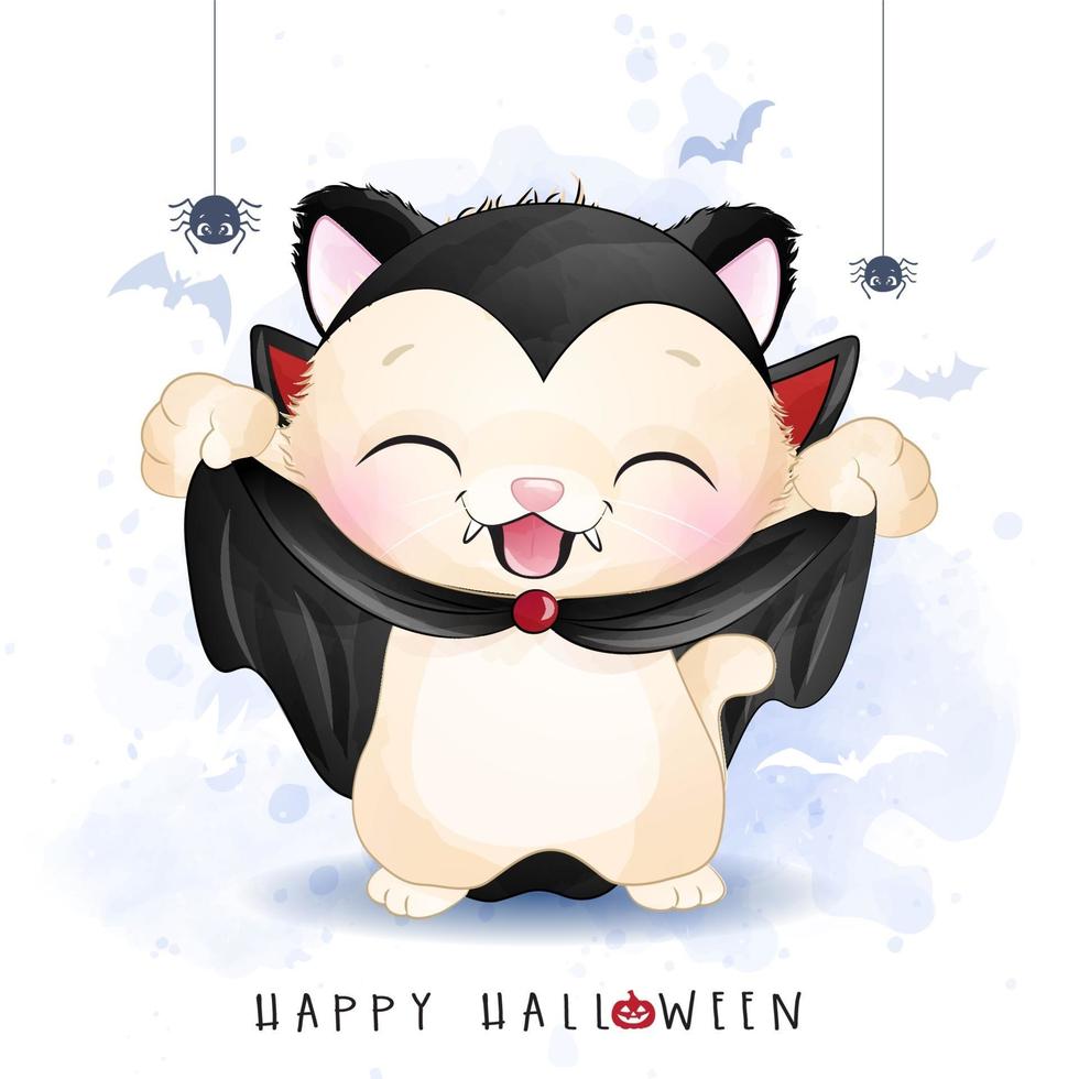 söt kattunge för halloween dag med akvarellillustration vektor