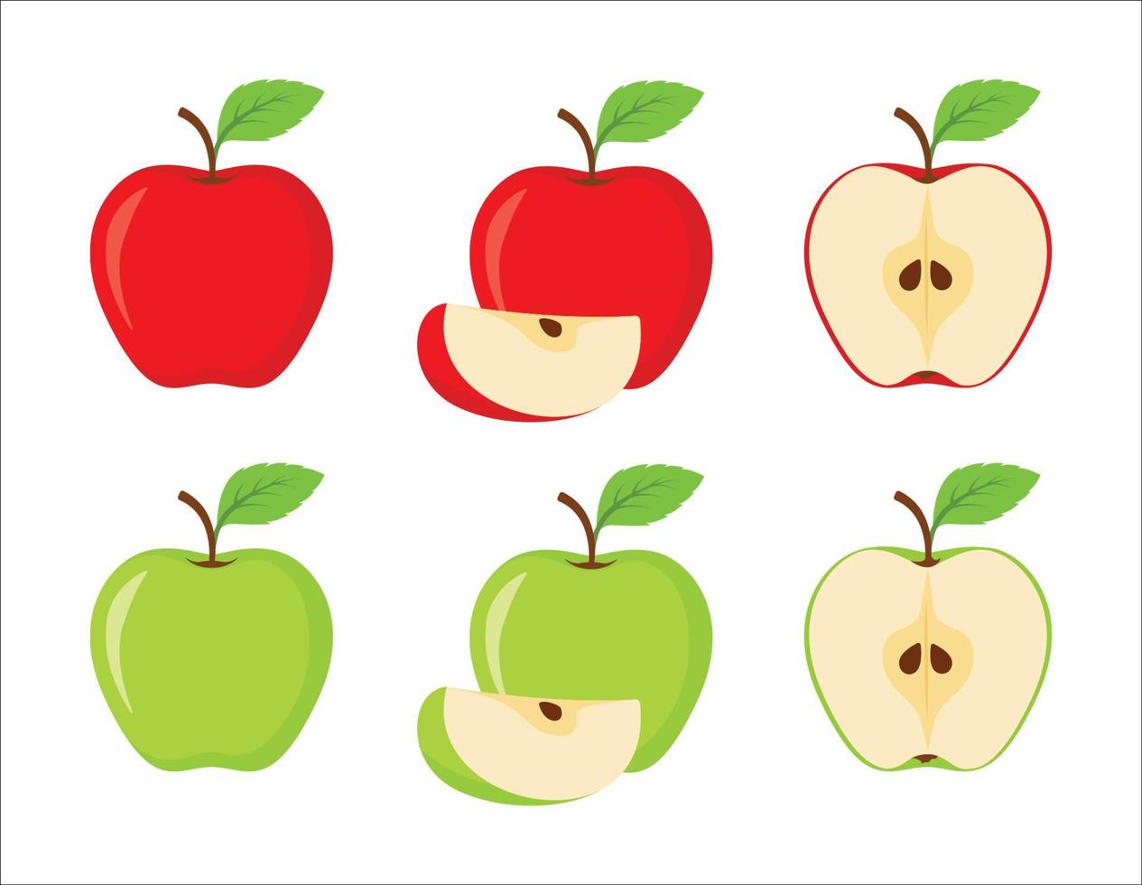 äpple frukt vektor uppsättning i röd och grön Färg. uppsättning av äpplen och skivad äpplen isolerat på vit bakgrund. hela, halv, skiva av röd och grön äpple frukt med grön löv. vektor illustration