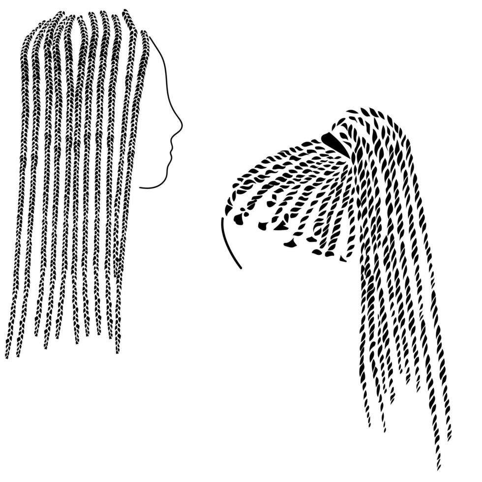 klein Zöpfe im afro Stil auf lange Haar Silhouette, zwei Optionen zum Frisuren mit Flechten vektor