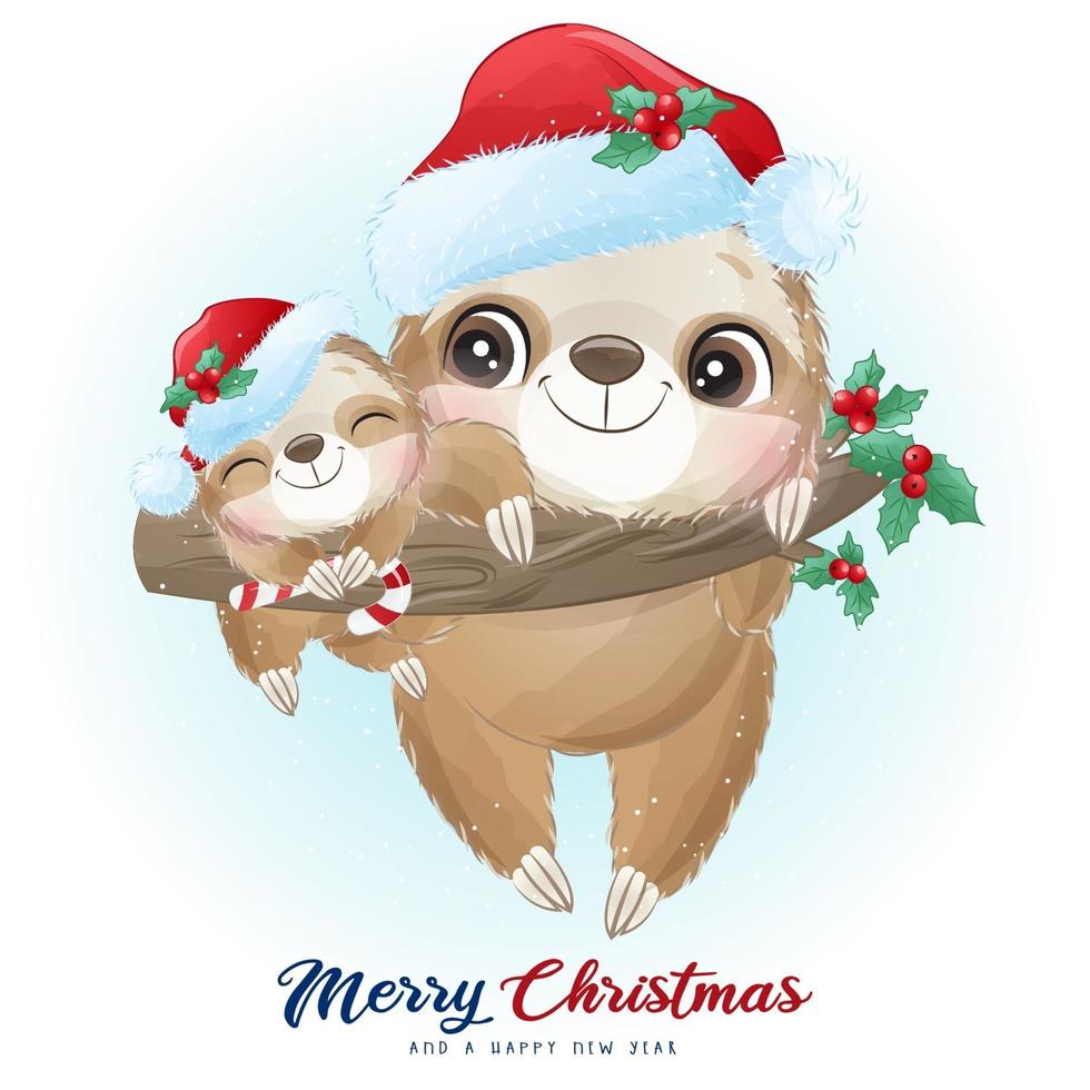 söt doodle sloth för juldag med akvarellillustration vektor