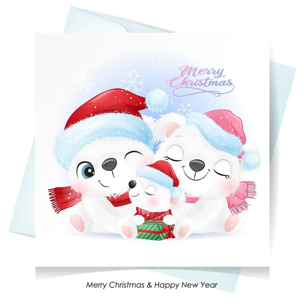 söt doodle isbjörnfamilj till jul med akvarellillustration vektor