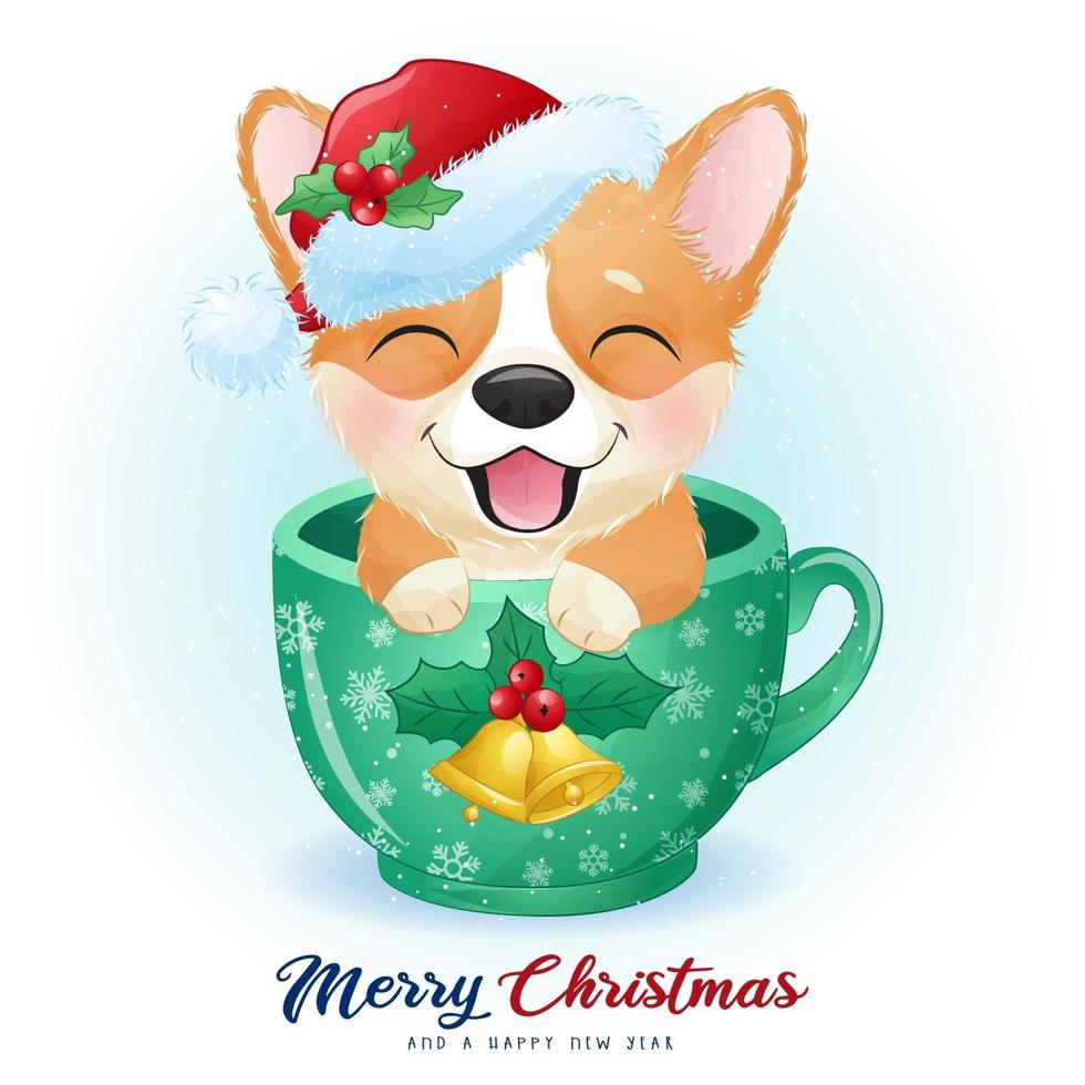 niedliche Gekritzel-Corgi für Weihnachtstag mit Aquarellillustration vektor