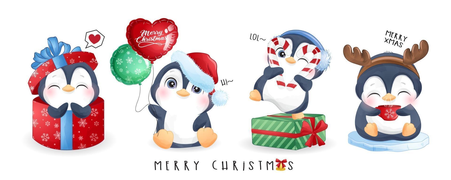 söta klotterpingviner för juldag med akvarellillustration vektor