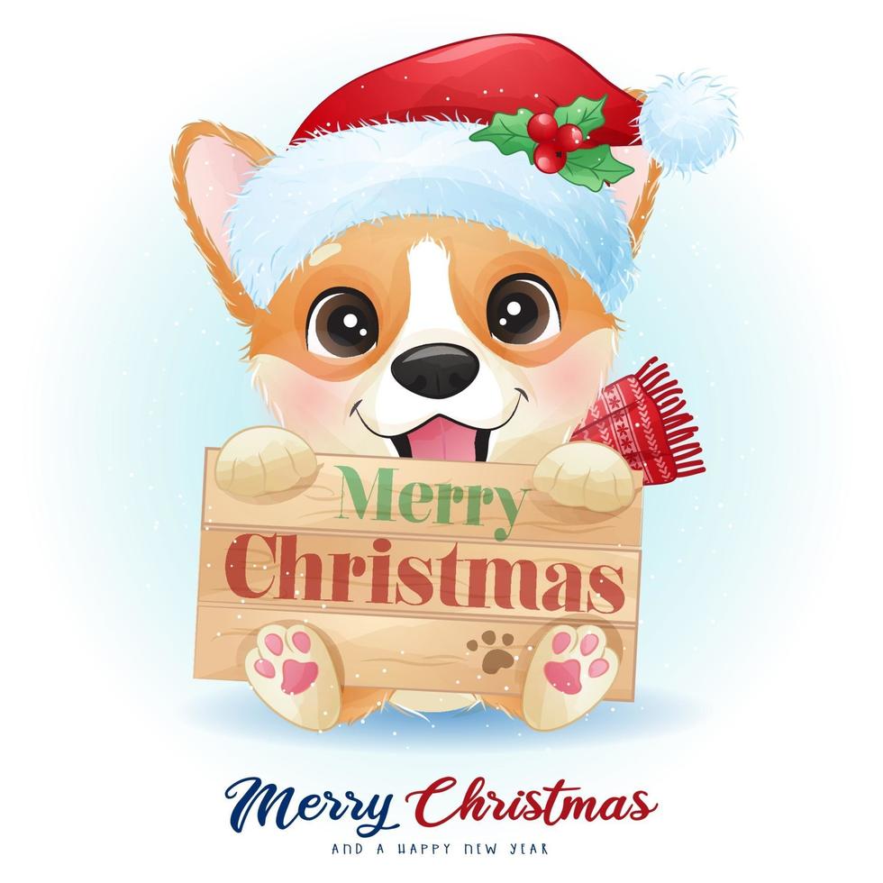 niedliche Gekritzel-Corgi für Weihnachtstag mit Aquarellillustration vektor