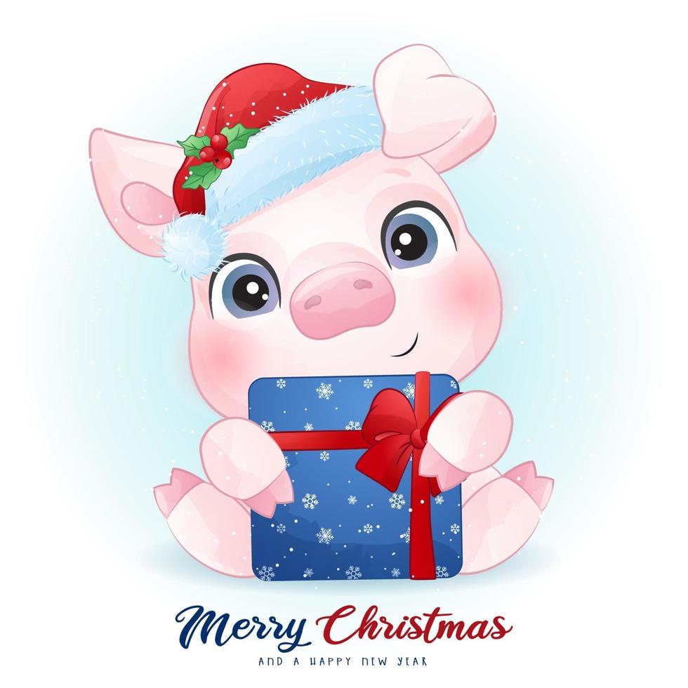 niedliches Gekritzelschwein für Weihnachtstag mit Aquarellillustration vektor