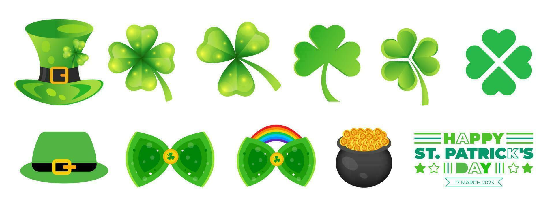 glücklich st. Patrick's Tag Elemente Mega einstellen mit Grün Kleeblatt, Kleeblatt, Grün Ale, Gold Münzen Topf, Typografie und Regenbogen auf Weiß Hintergrund. Heilige Patrick's Tag bündeln. vektor