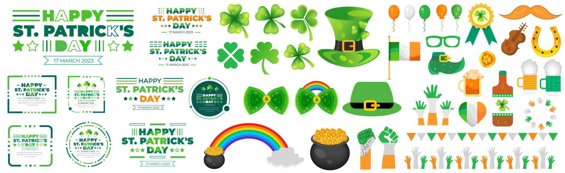 Lycklig st. Patricks dag element mega uppsättning med grön klöver, vitklöver, grön ale, guld mynt pott, och regnbåge på vit bakgrund. st. Patricks dag typografi mega bunt. helgon Patricks dag bunt. vektor