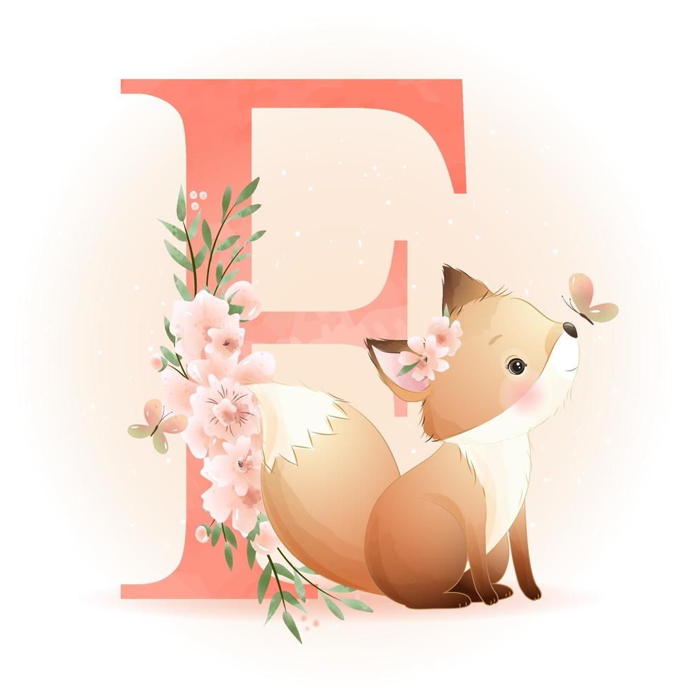 söt doodle foxy med blommig illustration vektor