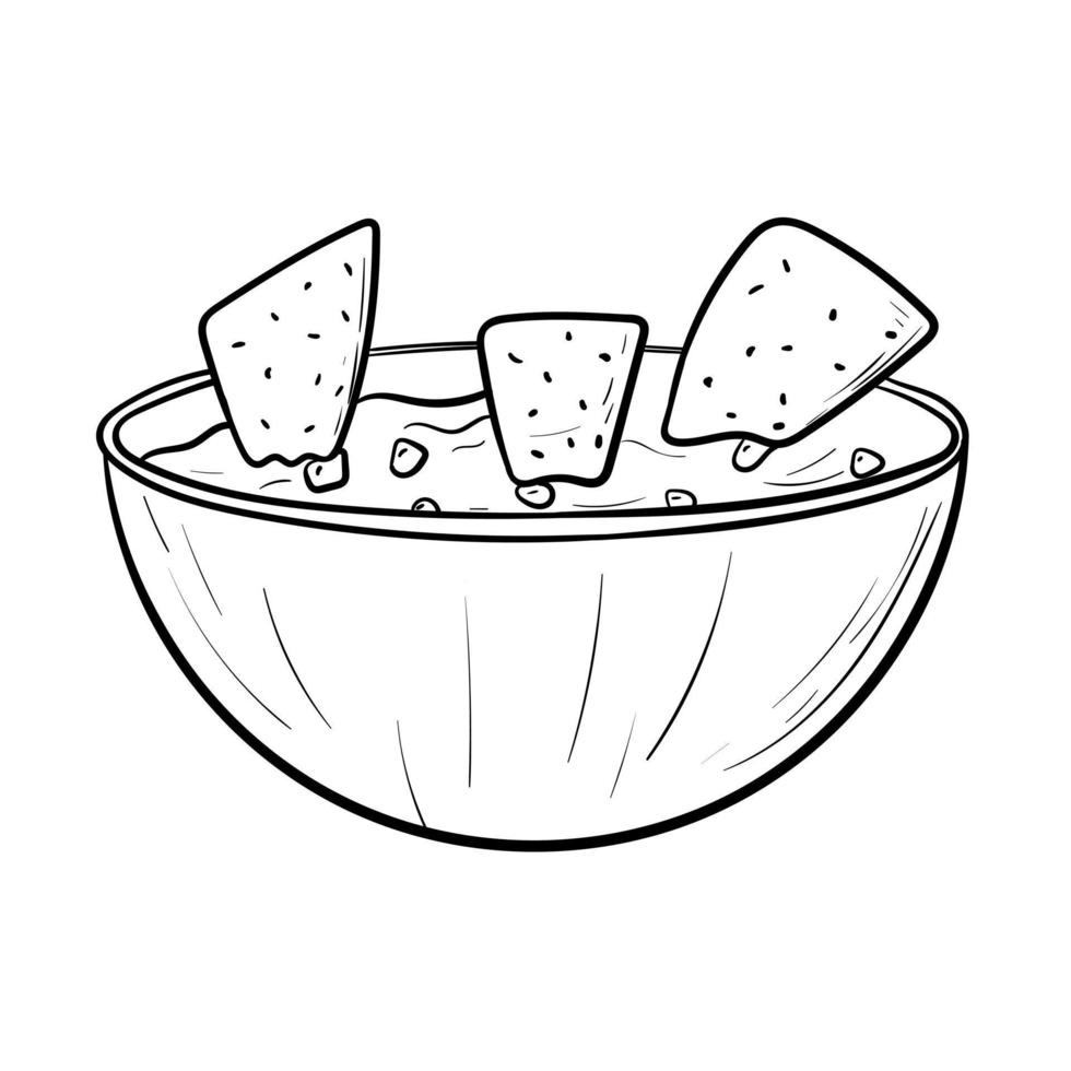 Vektor Gekritzel Illustration von würzig Mexikaner Lebensmittel. Guacamole Soße mit Nachos Chips isoliert auf Weiß.