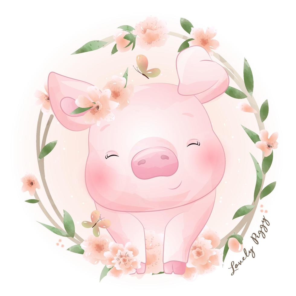 söt klotter piggy med blommig illustration vektor