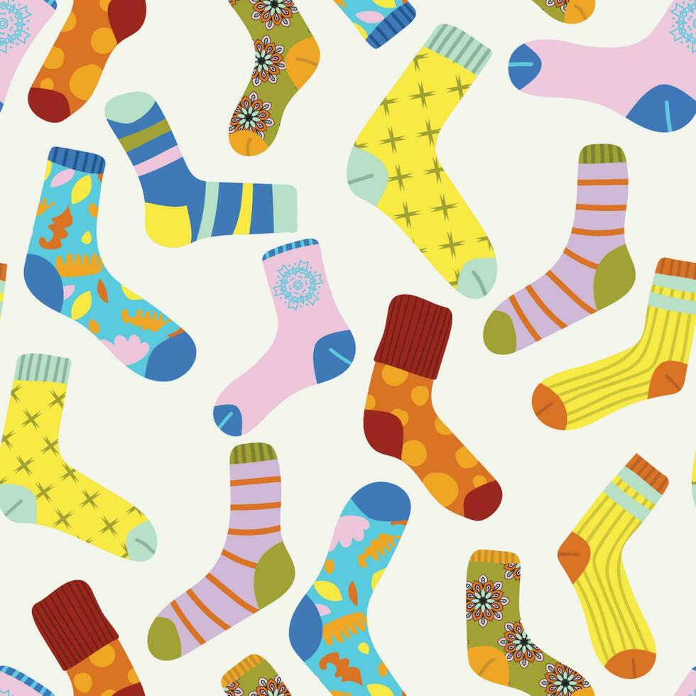 süß nahtlos Muster von anders Socken mit Texturen, Ornamente, Streifen. eben kindlich Stil. modern Karikatur Stoff Hintergrund. vektor