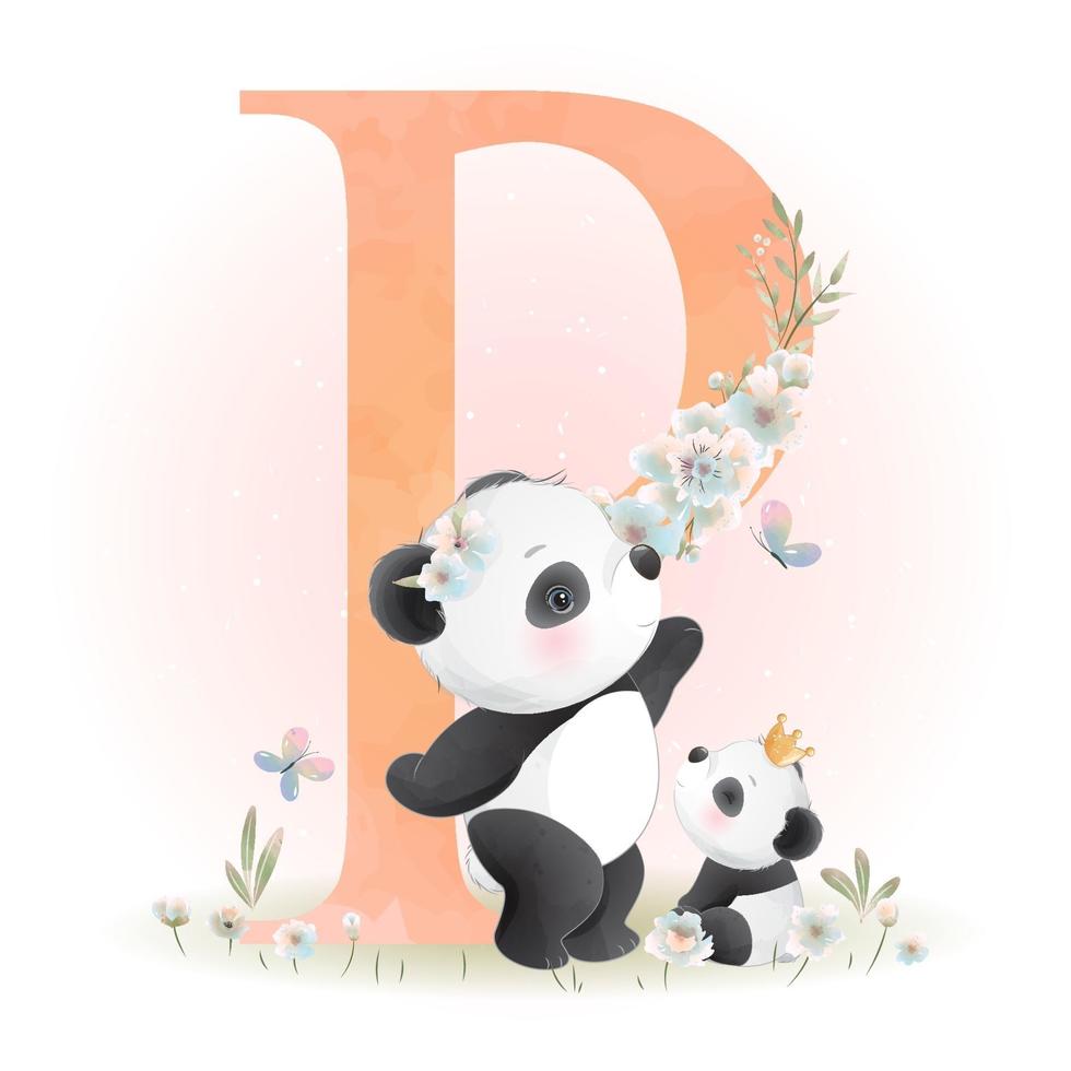 söt doodle panda med blommig illustration vektor