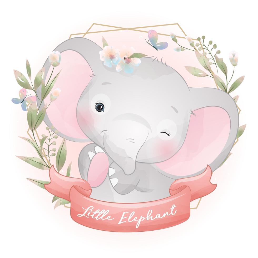 söt doodle elefant med blommig illustration vektor