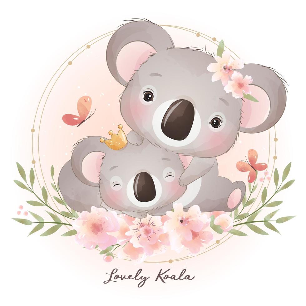 söt doodle koala björn med blommig illustration vektor