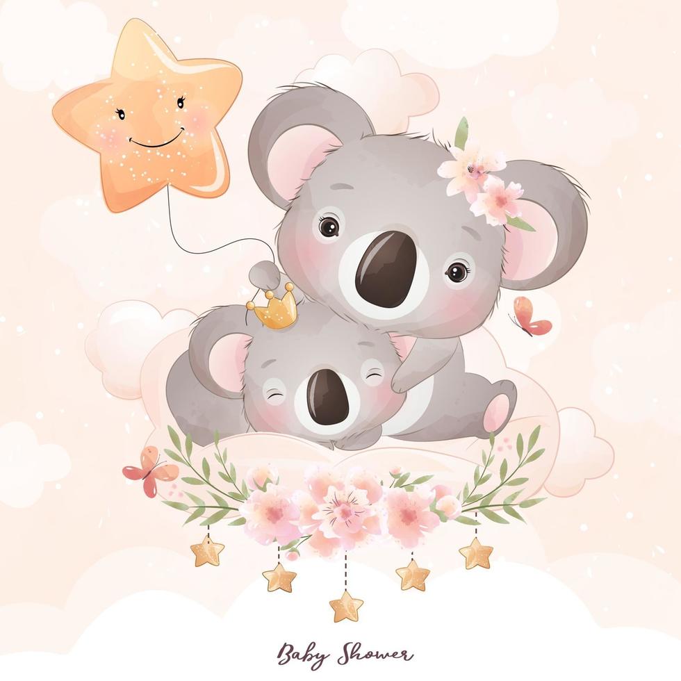 söt doodle koala björn med blommig illustration vektor