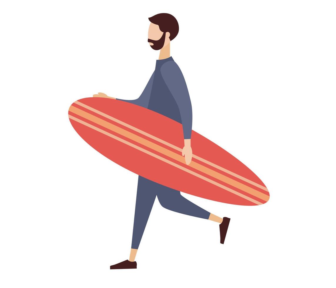 Surfer Mann mit Surfbrett. Surfen Personen. Surfen Konzept. Strand Wasser Sport. Vektor eben Illustration