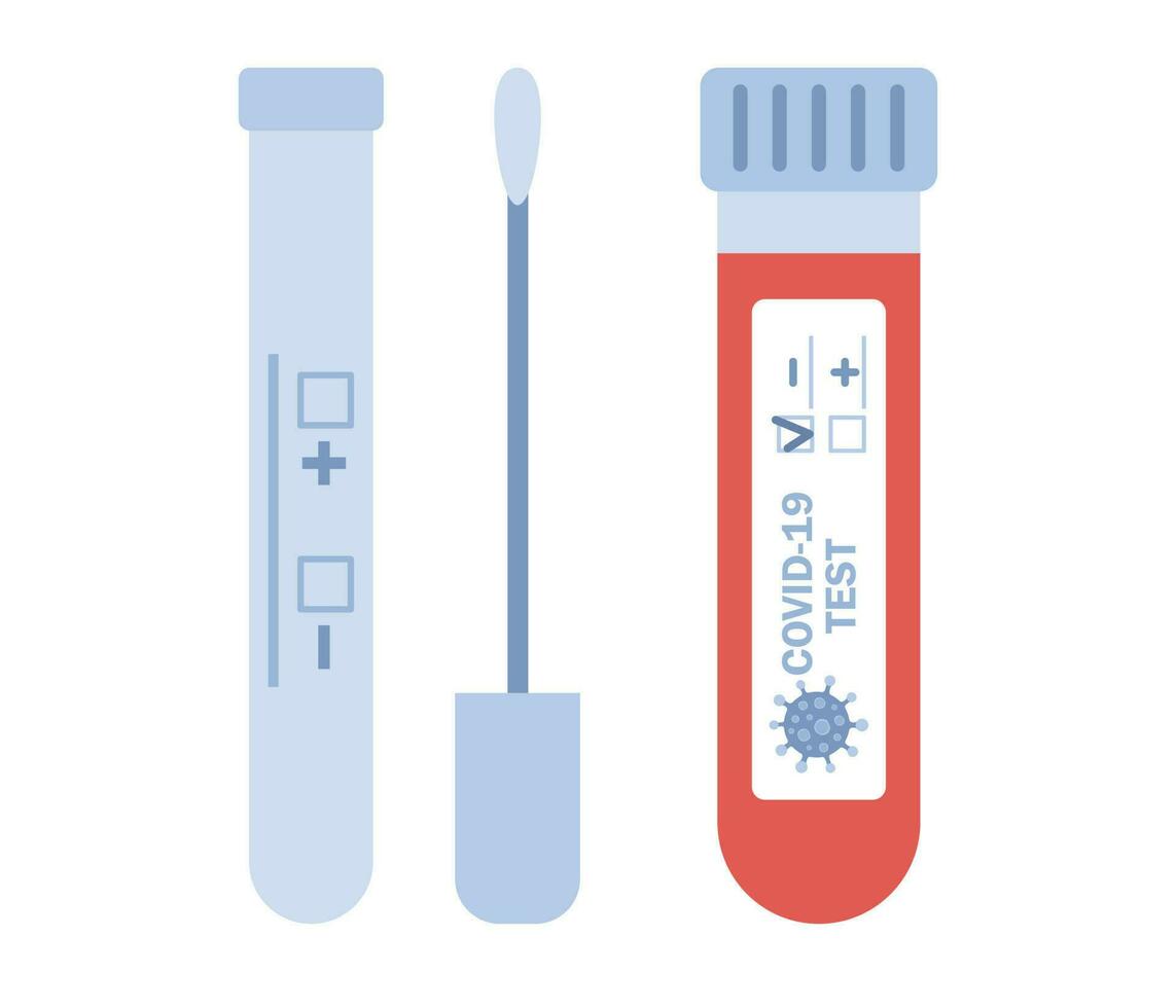 virus och covid-19 testning. självtest utrustning med laboratorium blod testa rör. förebyggande av coronavirus. vektor platt illustration