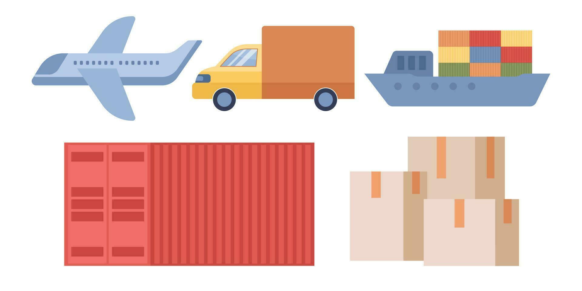 Fracht Transport Symbole Satz. Ladung Schiff mit bunt Behälter, LKW, Flugzeug Symbol. global Logistik Konzept. Geschäft Logistik. Transport unterzeichnen. Vektor eben Illustration