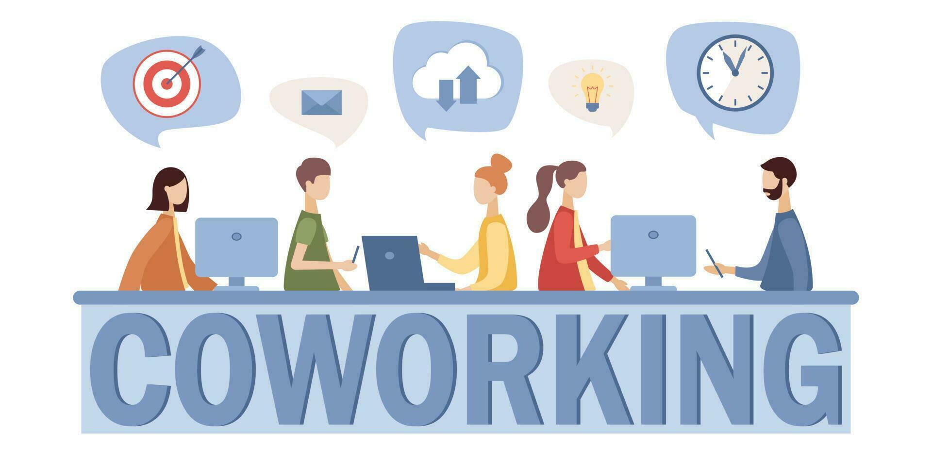 Coworking Center. Geschäft treffen. geteilt Arbeiten Umfeld. Menschen reden und Arbeiten beim Computers, Laptop, Smartphone im das öffnen Raum Büro. Vektor eben Illustration